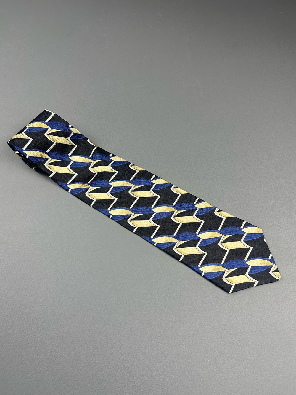 George Machado Designer 100% Silk Tie Blue Gold Black Geometric Made in USA